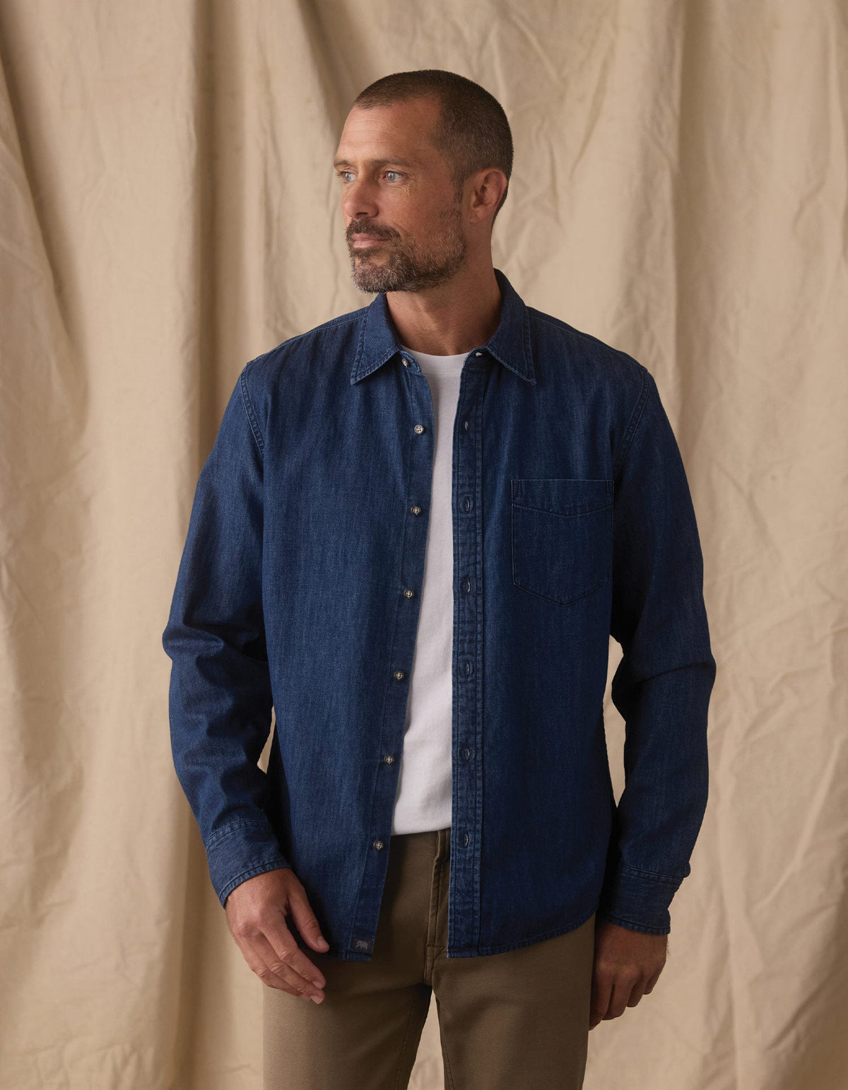 Cotton Denim Long Sleeve Button Up in Dark Wash